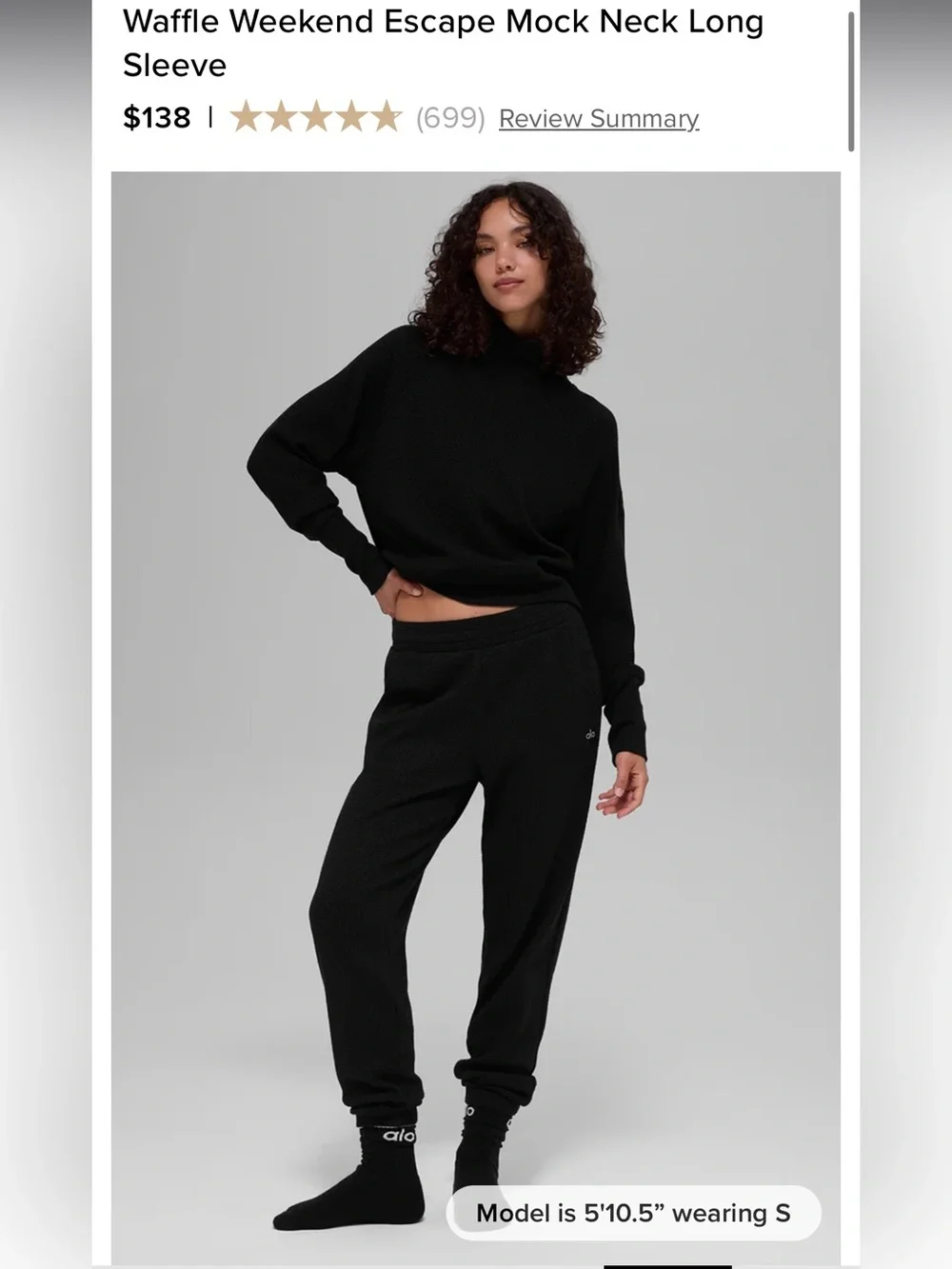 Alo Waffle Weekend Escape Mock Neck Long Sleeve Knit Top Size Small in Black